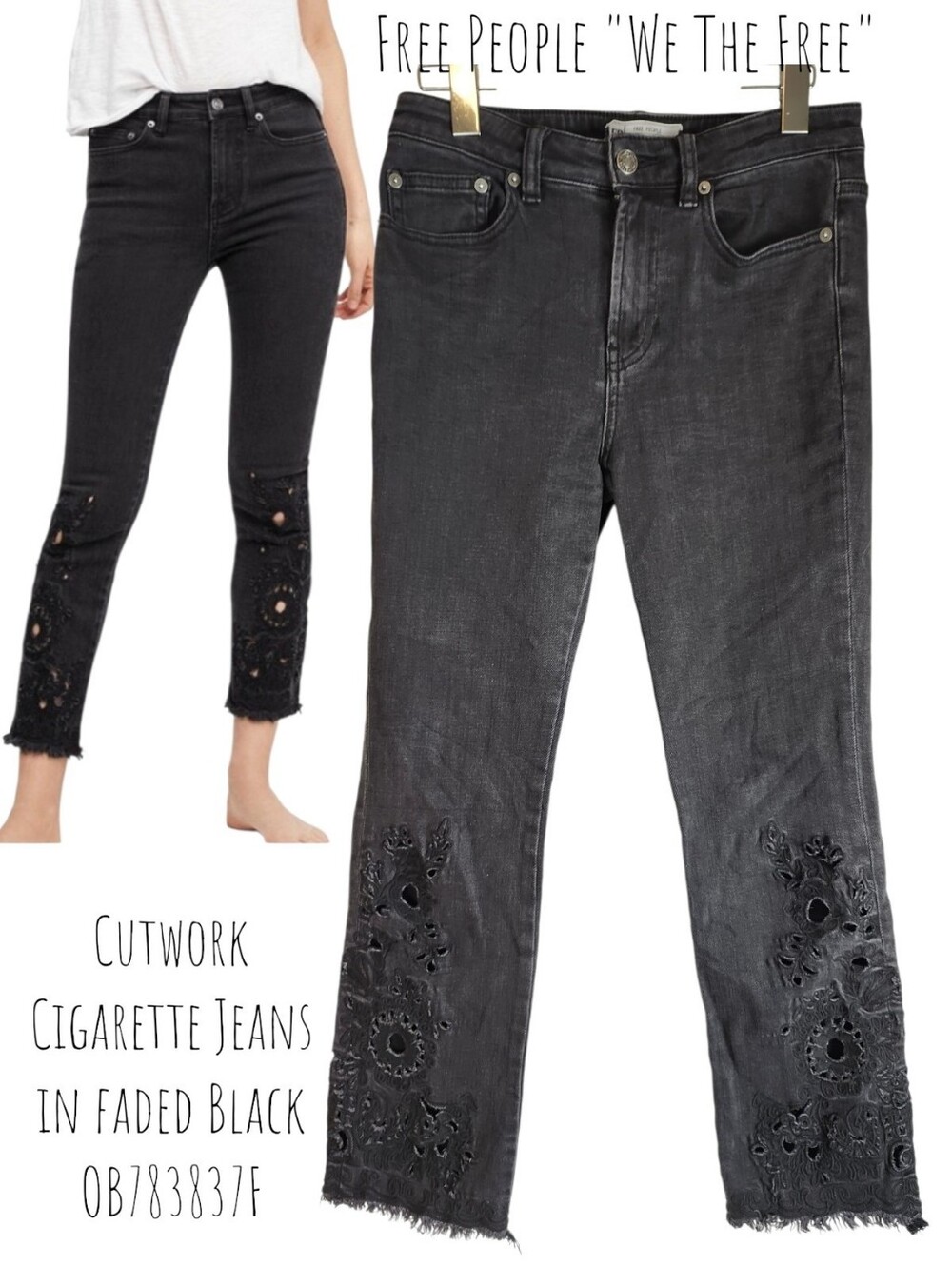 Free People We The Free Women's Cutwork Cigarette Jeans Faded Black Denim 26